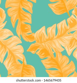 Banana Tropical leaves floral print exotic seamless pattern. The texture of the fabric leaves of banana and palm trees. Exotic Hawaiian print for swimsuits.