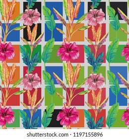 Banana tropical vector leaves, pink hibiscus flowers multicolor square background. Seamless pattern art botanical composition