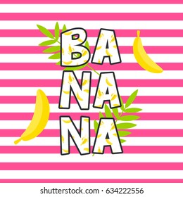 Banana tshirt design vector print. Tee design on striped background.