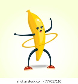 Banana twisting  hoop cartoon character. Healthy and fitness. Flat illustration eps 10 vector