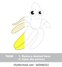 Banana in vector to be traced. Restore dashed line and color the picture. Visual game for children. Easy educational kid gaming. Simple level of difficulty. Worksheet for kids education.