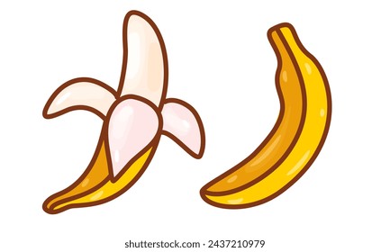 Conjunto de dibujos animados de vector de plátano aislado sobre un fondo blanco. Frutas de plátano peladas y enteras.