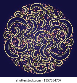 Banana vector circle pattern. Funny doodle healthy food on a dark background.