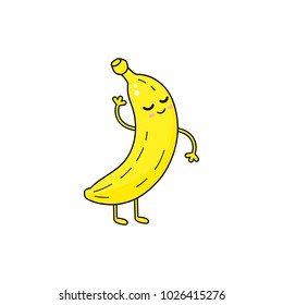 Banana vector doodle icon. Banana happy character logo element. Cute yellow fruit personage.