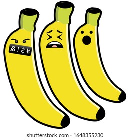 Banana Vektorillustration Illustration Schock Ausdruck und traurig. Banana-Cartoon-Charakter, flach auf weißem Hintergrund