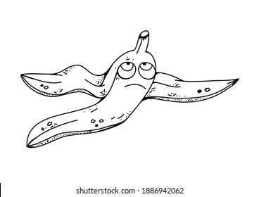 Banana vector illustration. Banana skin, a character with sad eyes. Cartoon funny fruits characters flat vector illustration
