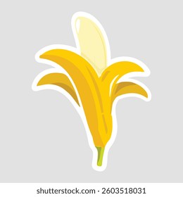 Banana Vector Illustration Sticker. Bright yellow peeled banana vector sticker in a fun and simple flat design, ideal for food-related projects, educational materials, and digital graphics
