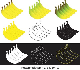 Ilustraciones vectoriales de plátano: una cuadrícula de racimos con variaciones de color, contornos y siluetas