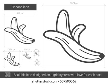 Icono de línea vectorial de plátano aislado en fondo blanco. Icono de línea de banana para infografía, sitio web o aplicación. Icono escalable diseñado en un sistema de cuadrícula.