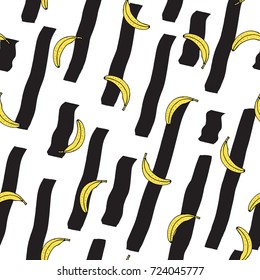 Banana vector pattern with abstract hand drawn brush stroke doodle. Seamless fun background for backdrop, textile, wrapping paper.