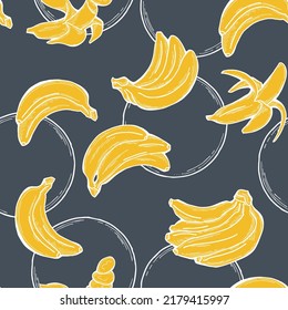 Banana vector pattern for wallpaper, wrapping paper, textile fabric print, fruit shop. Summer holiday, healthy food, vegan eating, exotic nature theme. Decorative colourful background. Hand drawing.