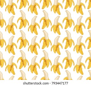 Banana vector seamless pattern. Bunches of fresh yellow bananas. Pixels art