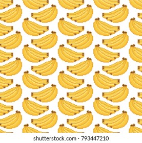 Banana vector seamless pattern. Bunches of fresh yellow bananas. Pixels art