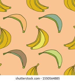 Banana vector seamless pattern. Colorful bananas on pink background. Vector illustration with tropical fruits. Perfect for decoration, wrapping paper design, cards, wallpaper, surface design.