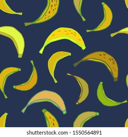 Banana vector seamless pattern. Colorful bananas on pink background. Vector illustration with tropical fruits. Perfect for decoration, wrapping paper design, cards, wallpaper, surface design.