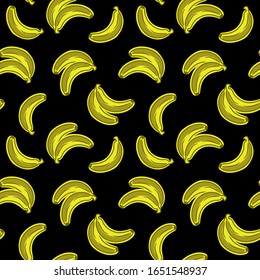 Banana vector seamless pattern; colorful bananas on black background; fruity design for fabric, wallpaper, textile, wrapping paper, packages, web design.