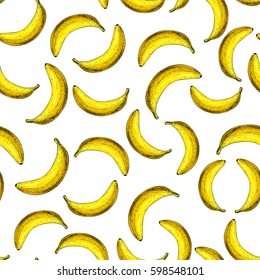 Banana vector seamless pattern. Isolated hand drawn object on white background.  Summer fruit artistic style illustration. Detailed vegetarian food. Great for label, poster, print