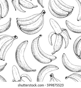 Banana Vector Seamless Pattern. Isolated Hand Drawn Peel Object, Bunch On White Background.  Summer Fruit Engraved Style Illustration. Detailed Vegetarian Food. 