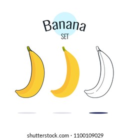Banana vector set. illustration on white, cartoon flat design, healthy food