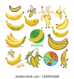 Banana vector yellow tropical fruit or healthy fruity snack of organic food diet banana-split illustration set of cartoon bananas emoticon isolated on white background