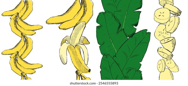 Banana vertical seamless border vector set. graphic illustration of bananas, slices, tropical leaves
