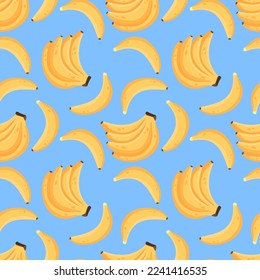 Banana wallpaper, cute doodles pattern. Funky repeat of fruit, fun bright pop tropical summer food. cartoon minimalistic isolated blue background. Decor textile. Vector seamless garish texture