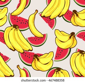 Banana watermelon fruit tropical seamless vector pattern