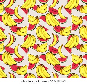 Banana watermelon fruit tropical seamless vector pattern