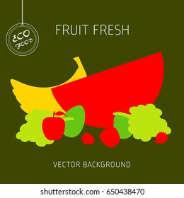 Banana, watermelon, grapes, apple, pear, strawberry, avocado, fruit set, vector background, fresh fruit, healthy diet, greeting card