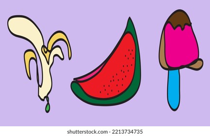 banana, watermelon and ice cream one line. isolated vector. Eps10