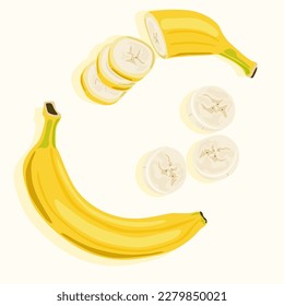 Banana whole and cut into slices. Fresh food. Healthy and organic food. Fruit icons.