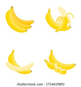 Banana, whole fruit, half, slice, vector illustration