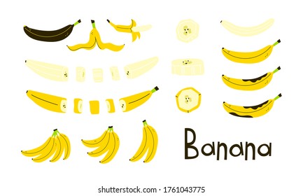 Banana whole, peeled, cut. Banana peel. Rotten brown banana. Banana slices. Bunch of bananas. Set of modern vector objects isolated on white background. Positive flat design. Cartoon style. Clip art