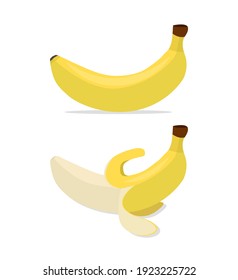 Banana whole and peeled isolated on white background. Flat vector illustration
