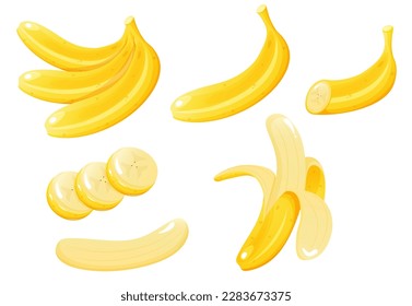 Banana wit different banana slices set. Cartoon style illustration