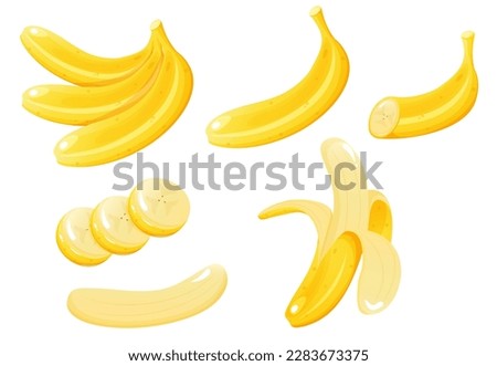 Banana wit different banana slices set. Cartoon style illustration