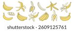 Banana yellow continuous one line drawing icon set. Editable stroke. Outline bananas fruit collections isolated on a white background. Vector illustration