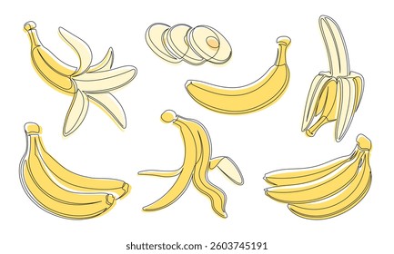 Banana yellow continuous one line drawing icon set. Editable stroke. Outline bananas fruit collections isolated on a white background. Vector illustration