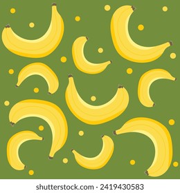 Banana con puntos amarillos sin costura sobre fondo verde. Deliciosa fruta. Ilustración vectorial dibujada a mano para tarjetas, negocios, banners, textiles, papel tapiz, envoltura	