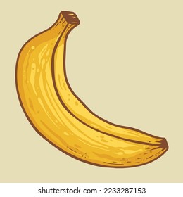 Banana. Yellow banana on background. Illustration of tropical fruit in hand-drawn style for different designs.