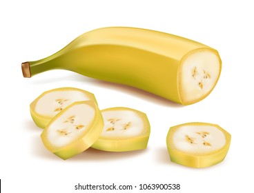 Banana yellow slice isolated on white background. Realistic Vector 3D illustration. Of free for your copy and branding.