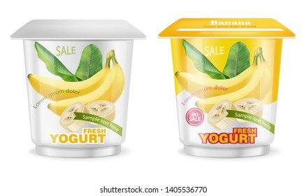 Banana yogurt package splash Vector realistic. Product placement label design. Mock up 3d illustration