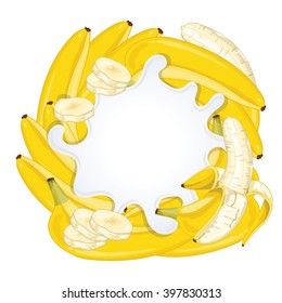 Banana with yogurt splash isolated on white background. Composition of vector banana for design packaging of banana yogurt. Close up banana yogurt splash with green leaves. Fruit milk splash