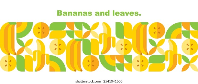 Banane.Blätter, Früchte und Scheiben.Abstraktes geometrisches Design.Satz von Symbolen im einfachen flachen Stil.Elemente einzeln auf weißem Hintergrund.Nahtloses Muster und Rahmen.Bio-Lebensmittel.Vektorgrafik.