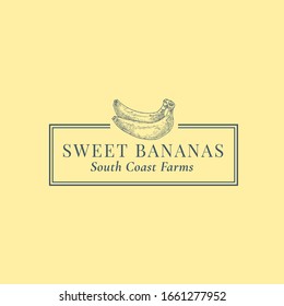 Signo vectorial abstracto de plátanos, símbolo o plantilla de logotipo. Esbozo Sillhouette de frutas dibujadas a mano con elegante tipografía retro y marco. Viejo Emblema De Lujo. Aislado.