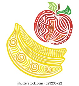 Bananas and apple. Vector illustration.