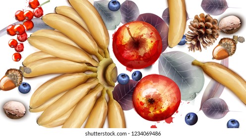 Bananas, apples and blueberries fruits Vector watercolor. Exotic delicious fruits background template. Winter decorations