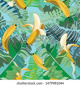 Bananas with banana leaves seamless pattern. Vector illustration of banana leaves with bananas on light blue background.
