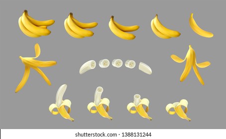 Bananas big realistic set 3d illustration. Whole, half peeled, bunch of bananas, sliced, banana peel. Tasty sweet yellow bananas for advertising and package design. Isolated on white eps10 - Vector