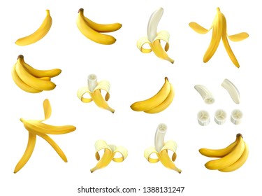 Bananas big realistic set 3d illustration. Whole, half peeled, bunch of bananas, sliced, banana peel. Tasty sweet yellow bananas for advertising and package design. Isolated on white eps10 - Vector